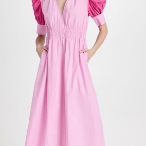 Ganni Block Pink Cotton V-Neck Puff Sleeve Poplin Maxi Dress